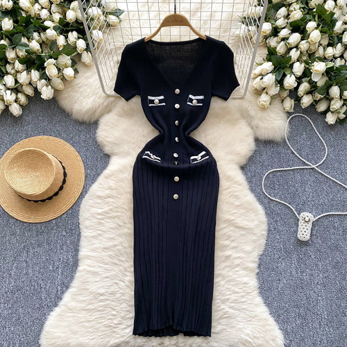 Load image into Gallery viewer, Korean Fashion Women's Solid V Neck Elegant Slim Short Sleeved Dress Summer Single Breasted Office Lady Holiday Knitted Dresses
