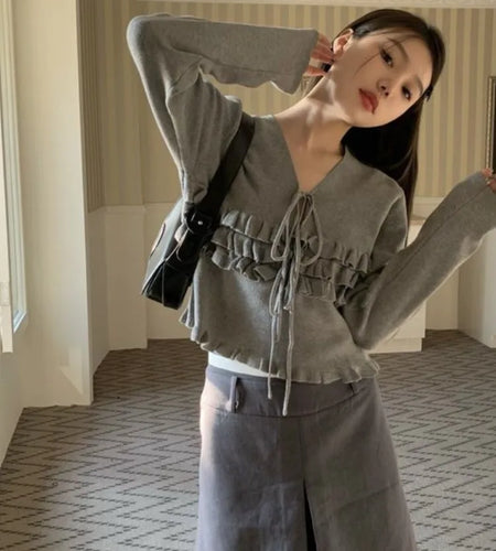 Autumn Ruffled Casual Solid Pullovers Women  Harajuku V Neck Bandage Jumper Loose Knitted Y2k Aesthetic Grunge Crop Sweaters