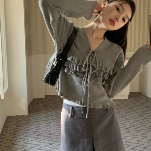 Load image into Gallery viewer, Autumn Ruffled Casual Solid Pullovers Women  Harajuku V Neck Bandage Jumper Loose Knitted Y2k Aesthetic Grunge Crop Sweaters
