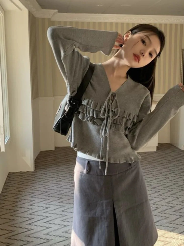 Autumn Ruffled Casual Solid Pullovers Women  Harajuku V Neck Bandage Jumper Loose Knitted Y2k Aesthetic Grunge Crop Sweaters