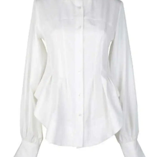 Load image into Gallery viewer, Women White Pleated Round Hem Blouse New Lapel Long Lantern Sleeve Loose Fit Shirt Fashion Tide Spring Autumn 2025 1T156

