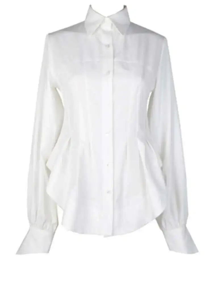 Women White Pleated Round Hem Blouse New Lapel Long Lantern Sleeve Loose Fit Shirt Fashion Tide Spring Autumn 2025 1T156