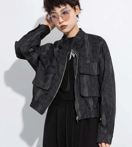 Black Big Size Pocket Short Casual Jacket New Stand Collar Long Sleeve Women Coat Fashion Tide Spring Autumn 2025 1DH8223