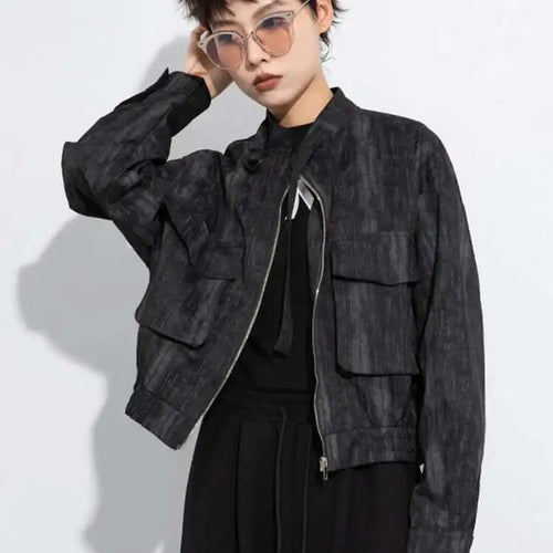 Load image into Gallery viewer, Black Big Size Pocket Short Casual Jacket New Stand Collar Long Sleeve Women Coat Fashion Tide Spring Autumn 2025 1DH8223
