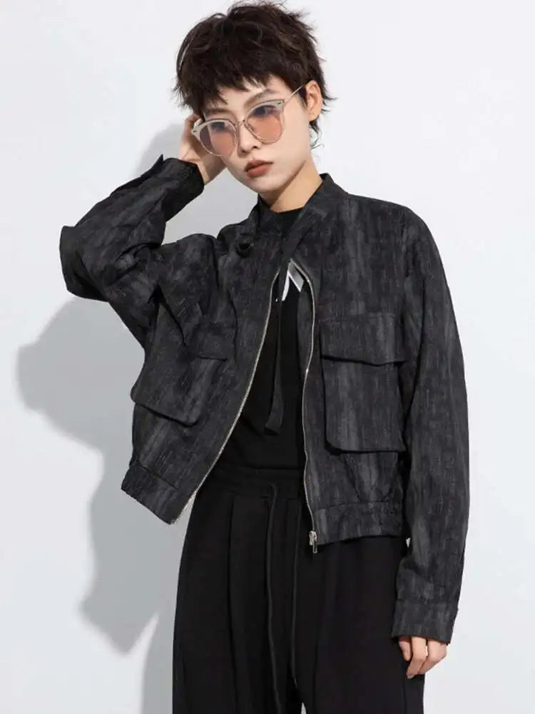 Black Big Size Pocket Short Casual Jacket New Stand Collar Long Sleeve Women Coat Fashion Tide Spring Autumn 2025 1DH8223