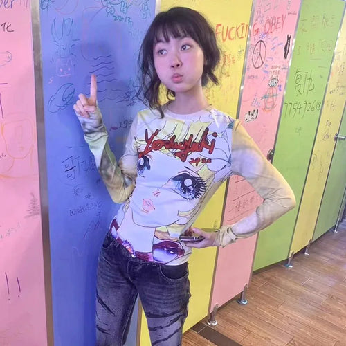 Load image into Gallery viewer, Japanese Y2k Anime Print T-shirt 2000s Aesthetics Long Sleeve Tee Shirt Vintage Harajuku Slim Tops Kawaii Lolita T Shirt
