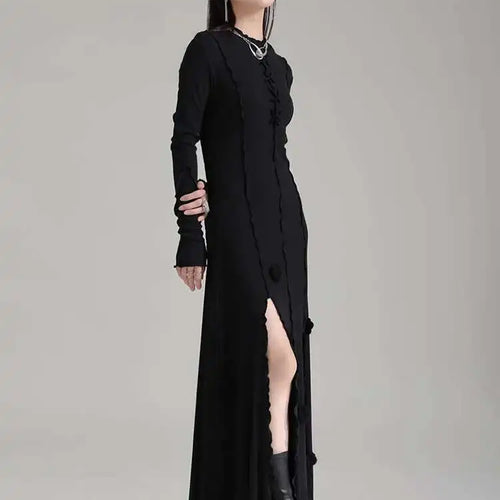 Load image into Gallery viewer, Women Black Flower Elegant Slit Long Dress New Turtleneck Long Sleeve Loose Fit Fashion Tide Spring Autumn 2025 1DH1870

