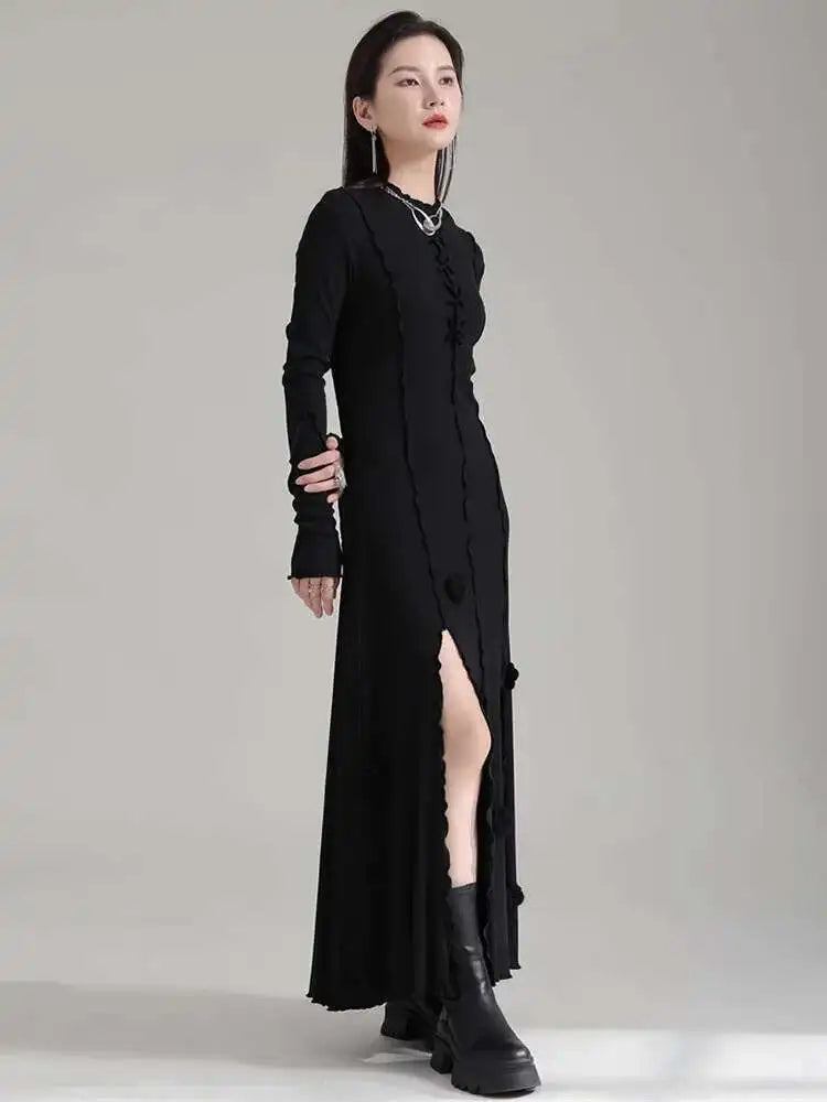 Women Black Flower Elegant Slit Long Dress New Turtleneck Long Sleeve Loose Fit Fashion Tide Spring Autumn 2025 1DH1870
