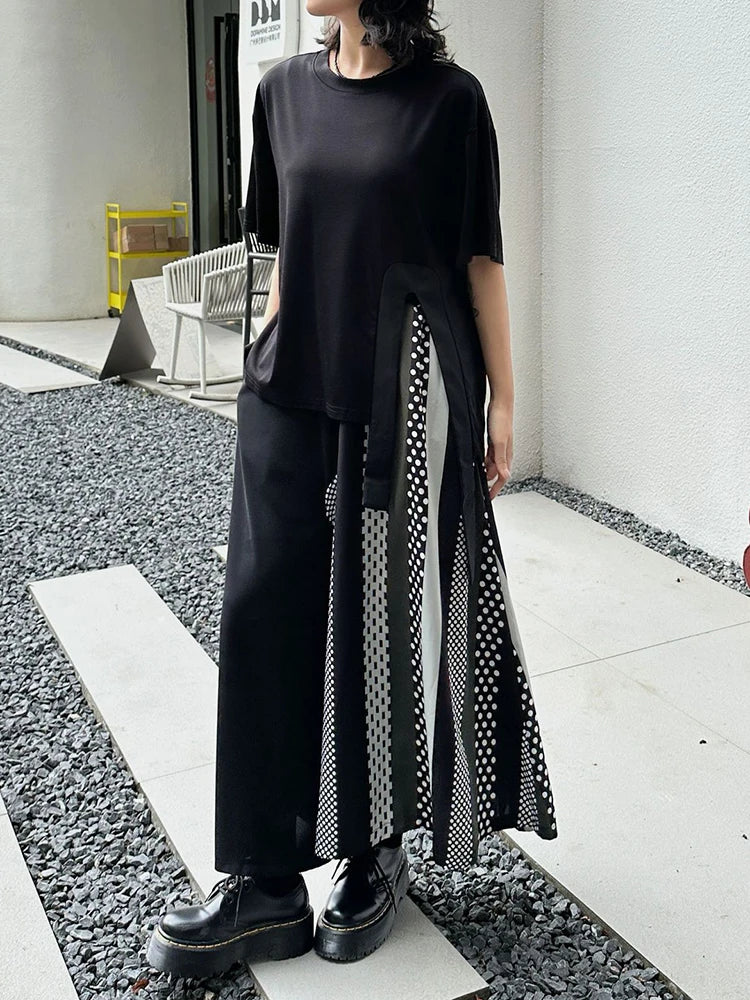 High Elastic Waist Black Dot Color-block Long Wide Leg Pants New Trousers Women Fashion Tide Spring Autumn 2025 1DJ0896
