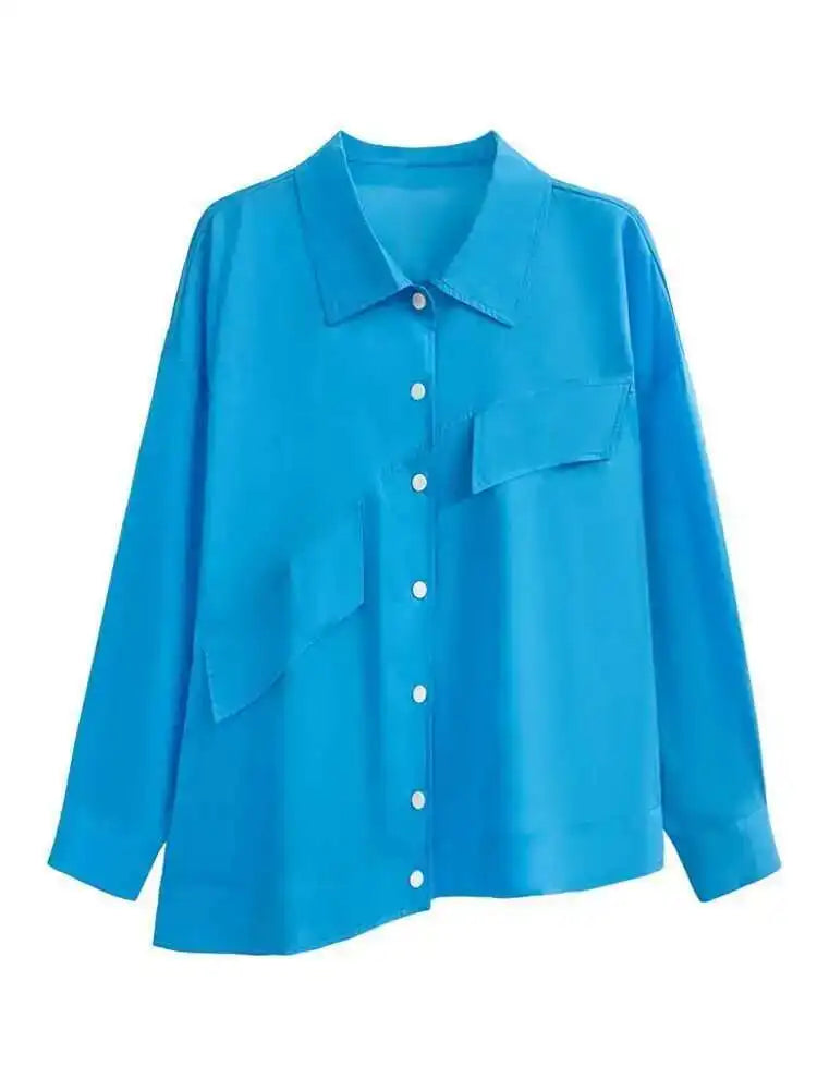 Women Blue Big Size Irregular Casual Blouse New Lapel Long Sleeve Loose Fit Shirt Fashion Tide Spring Autumn 2025 1DH3555