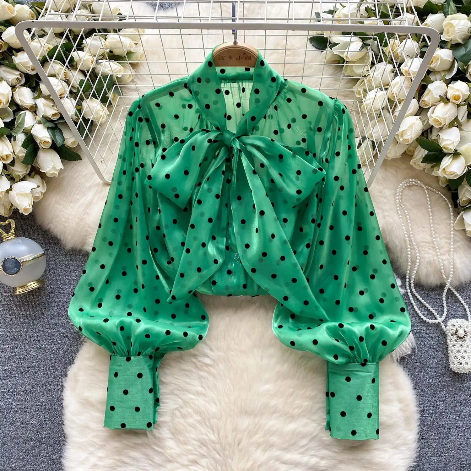 Autumn Women's Vintage Festival Polka Dots Single Breasted Shirt Elegant Sweet Bow Long Sleeve Loose Office Ladies Blouses Tops