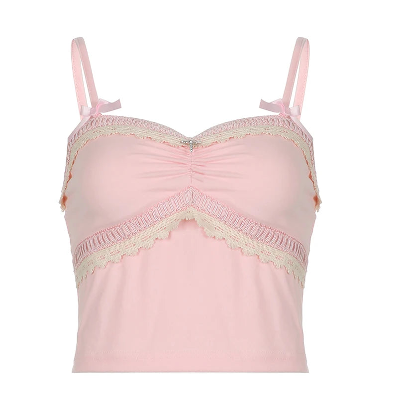 Coquette Hotsweet Bow Mini Strap Summer Crop Tops Korean Cutecore Lace Trim Folds Sexy Top Camis Women Japanese Y2K
