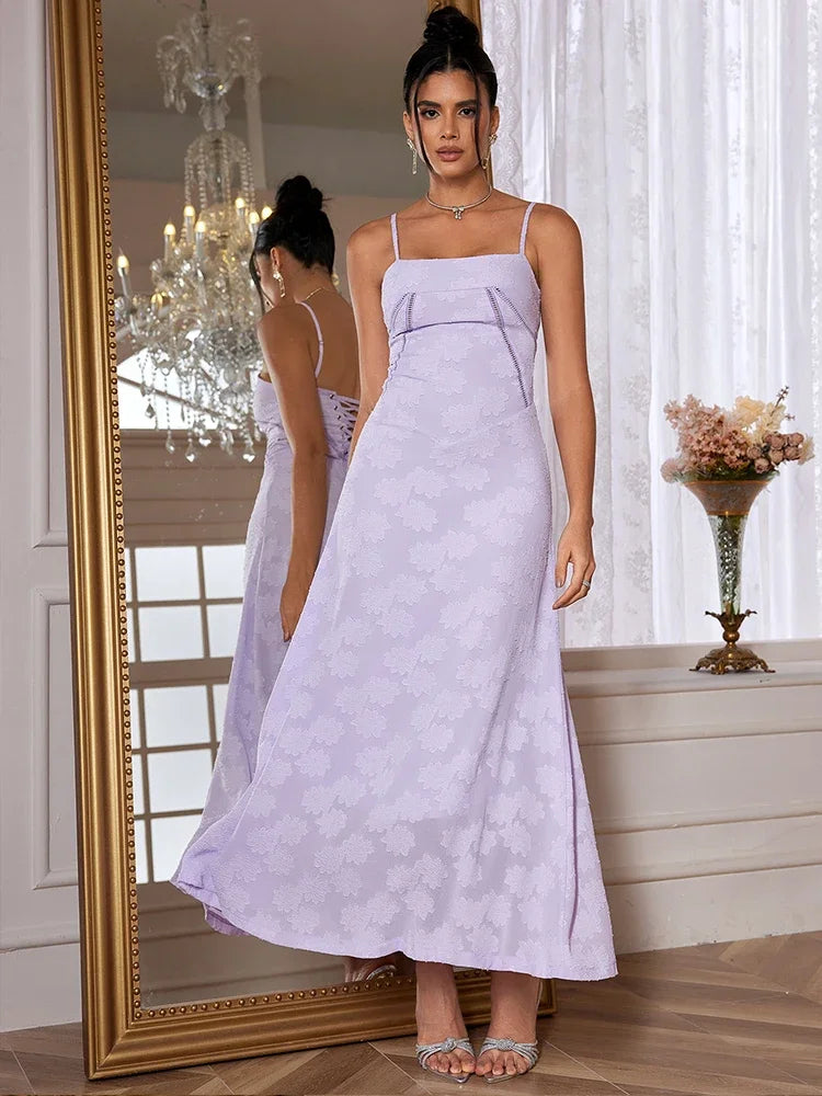 Summer Elegant Maxi Dress 2024 New Arrival Purple Spaghetti Strap Wedding Guest Dress Lace Up Party Dresses