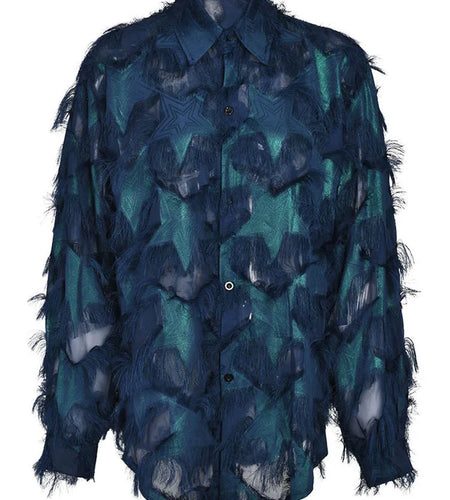 Women Blue Tassels  Hollow Out Big Size Blouse New Lapel Long Sleeve Loose Fit Shirt Fashion Spring Autumn 2025 1DF9110