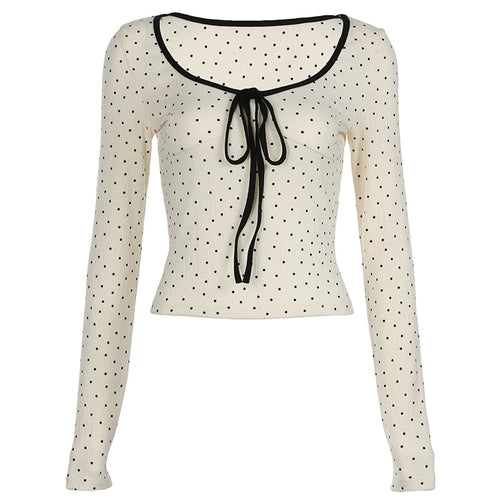 Load image into Gallery viewer, Cute Polka Dot Printed Autumn T-shirt Women Contrast Color Lace-Up Long Sleeve Top Tee Shirt Korean Style Stitching
