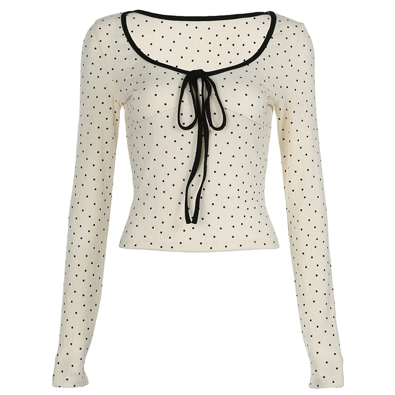 Cute Polka Dot Printed Autumn T-shirt Women Contrast Color Lace-Up Long Sleeve Top Tee Shirt Korean Style Stitching