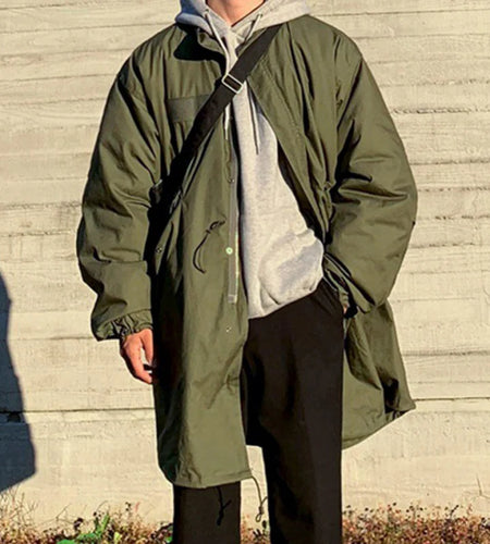 Japanese Style Men's Padded Jackets Hooded Drawstring Solid Color Casual Thickened Loose Male Cotton Coats Winter 9C8985