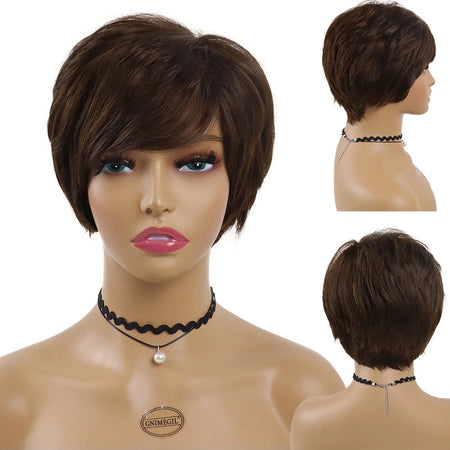 Synthetic Natural Wigs for Women Short Pixie Cut Wig Wine Red Hairstyle Mommy Wig with Bangs Heat Resistant Lady Wig