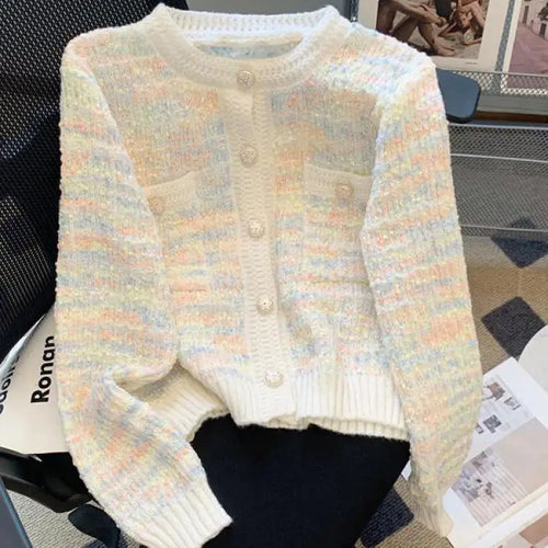 Load image into Gallery viewer, Autumn Winter Sweet Vintage Rainbow Knitted Cardigan Top French Fashion Women New Round Neck Single Breasted Long Sleeve Sweater
