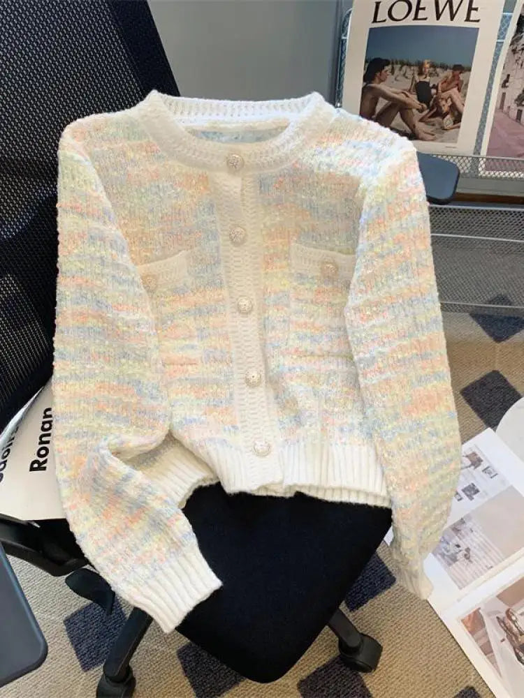 Autumn Winter Sweet Vintage Rainbow Knitted Cardigan Top French Fashion Women New Round Neck Single Breasted Long Sleeve Sweater