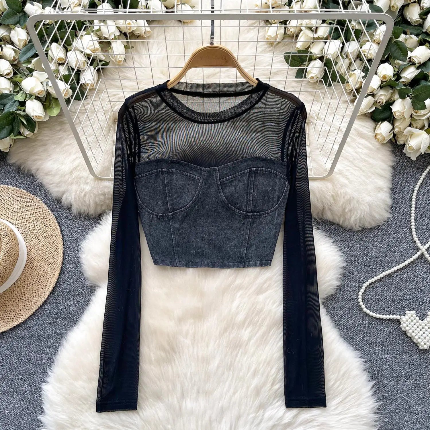 Retro Women Denim Patchwork Mesh Long Sleeved Short Top Autumn Korean Fashion Versatile Elegant Round Neck T Shirt Trend Popular