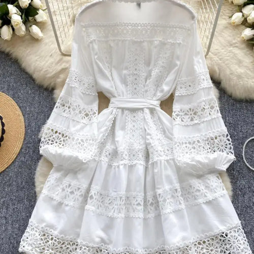 Load image into Gallery viewer, Summer French Black Embroidery Hollow Out Bandage Mini Dress Women White Elegant Single Breasted Lantern Sleeve Party Slim Dress
