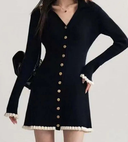 Spring Vintage Black Patchwork Elegant Office Knitted Short Dress Women's V-neck Slim Long Sleeve Single Breasted Mini Dress New