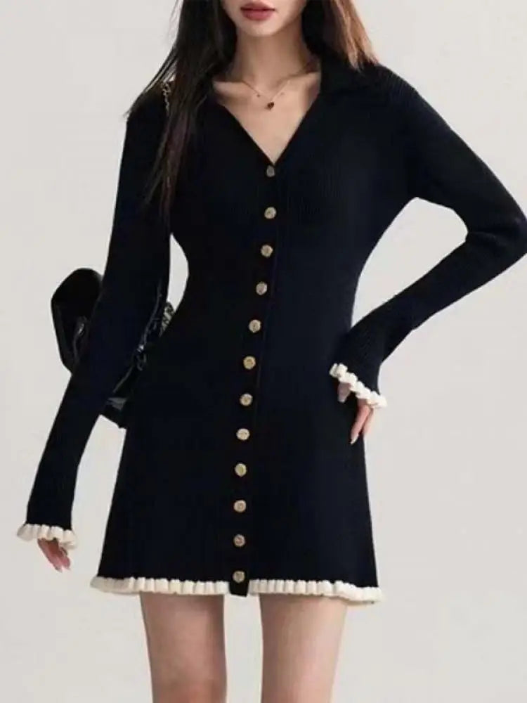 Spring Vintage Black Patchwork Elegant Office Knitted Short Dress Women's V-neck Slim Long Sleeve Single Breasted Mini Dress New