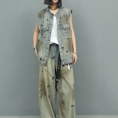 Load image into Gallery viewer, Big Size Denim Vest Wide Leg Pants Two Piece Suit New Round Neck Sleeveless Women Fashion Tide Spring Autumn 2025 1DJ0966
