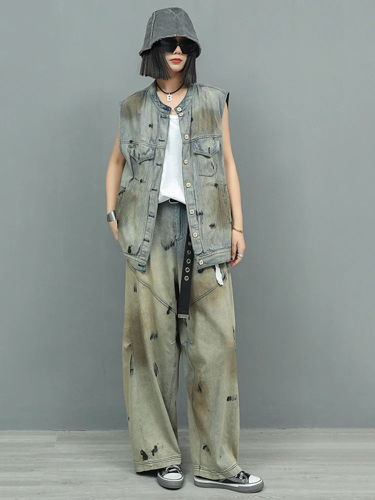 Big Size Denim Vest Wide Leg Pants Two Piece Suit New Round Neck Sleeveless Women Fashion Tide Spring Autumn 2025 1DJ0966