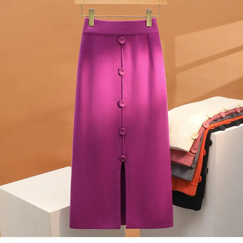Load image into Gallery viewer, Solid Knit Wrap Hip Skirts Women 2023 Autumn Winter New Fashion Midi Skirt Vintage Casual Elastic High Waist Button Split Skirt
