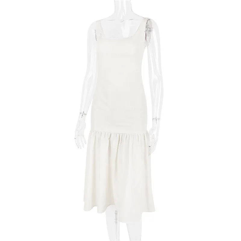 Backless Maxi Fishtail Dress For Women Gown Fashion Square Collar Sleeveless Loose Pleated Long Dress Elegant Dresses