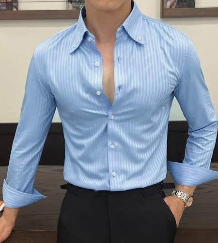 Men's New Long Sleeve Shirts Korean Design Turn-down Collar Casual Handsome Male Stripe Single Breasted Shirts 9W1568