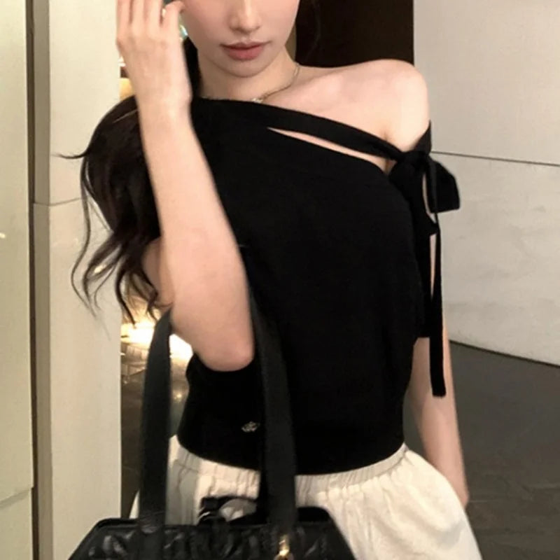 y2k Crop Tops Women Clothes Contrast Color Tie up Shoulders Contrast Color Asymmetrical T Shirts Vest 2000s Streetwear