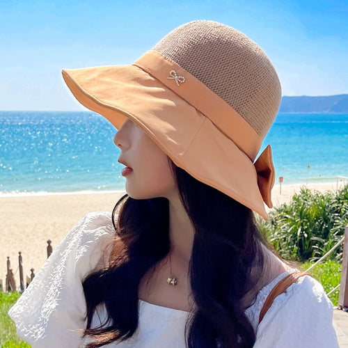 Load image into Gallery viewer, Women&#39;s Summer Sun Cap Fashion Hollow Bow Design Sun Hat Female Travel Beach Bucket Hat
