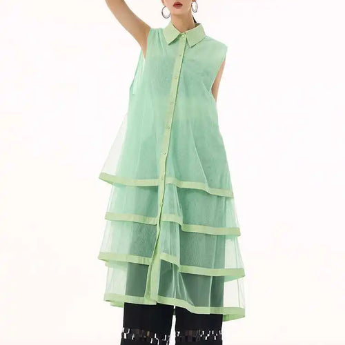 Load image into Gallery viewer, Women Black Layers Mesh Big Size Midi Vest Shirt Dress New Lapel Sleeveless Fashion Tide Spring Summer 2025 1DH9472
