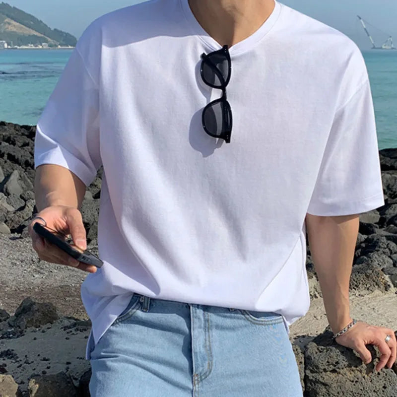 Men Short Sleeve T-shirt Korean Style Simple Solid Color Round Collar Loose Casual Male Top Fashion Tide 9C5652