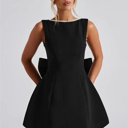 Load image into Gallery viewer, Pearl Bow Backless Sexy Mini Dress For Women Robe Fashion Zipper Sleeveless High Waist A-line Club Party Dress Elegant
