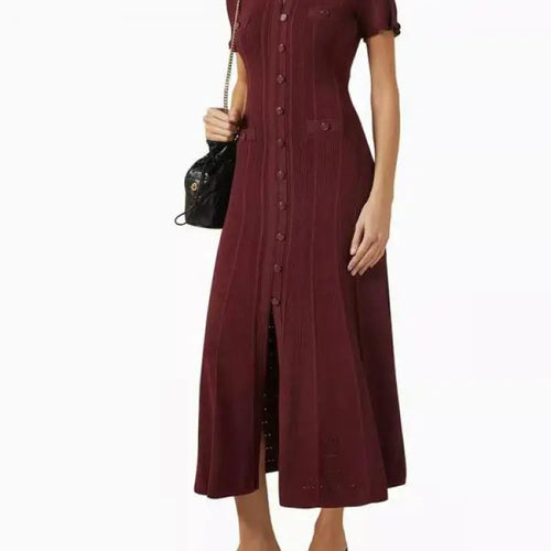 Load image into Gallery viewer, Korean Women's Red Round Neck Short Sleeve Split Knit Dresses Spring Summer Black White Single Breasted Holiday Long Dress 2024
