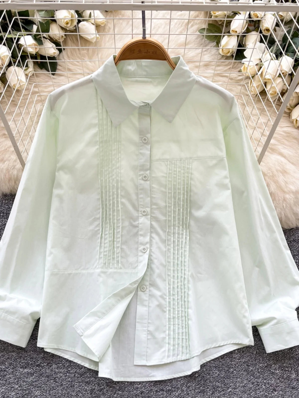 Spring Solid Single Breasted Long Sleeved Holiday Cardigan Shirt Women Loose Versatile Office Lady Pleated Blouse Simplicity New