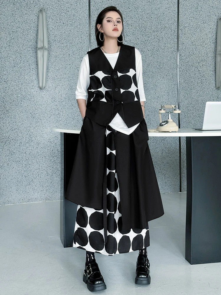 Big Size Black Dot Vest Wide Leg Pants Two Piece Suit New V-Neck Sleeveless Women Fashion Tide Spring Autumn 2025 1DJ1039