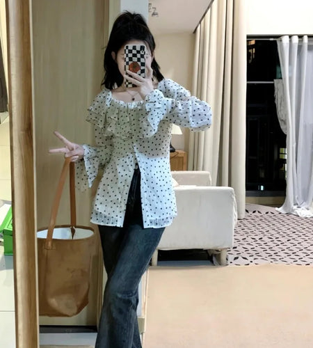 Wave Point Blouse Women Ruffled Slim Harajuku Single Breasted Tops Y2k Aesthetic Flare Sleeve Grunge Blusas Streetwear De Mujer