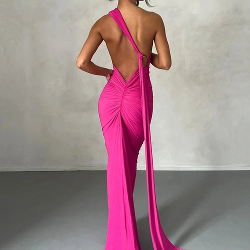 Load image into Gallery viewer, One Shoulder Backless Adjustable Scarf Loop Ruched Sexy Maxi Dress 2025 Women Elegant Y2K Streetwear Festival Outfit
