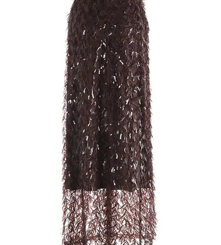 High Elastic Waist Brown Sequins Tassels Elegant Party Half-body Skirt Women Fashion Tide New Spring Autumn 2025 1DH9912