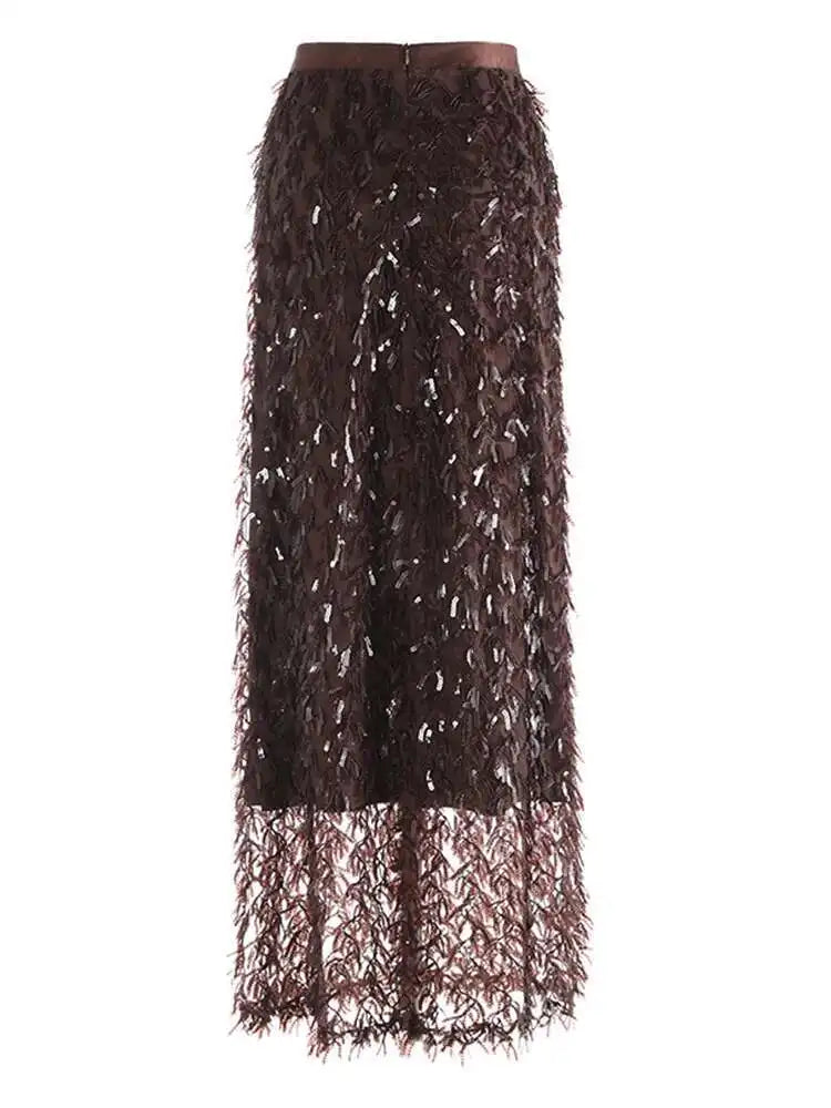 High Elastic Waist Brown Sequins Tassels Elegant Party Half-body Skirt Women Fashion Tide New Spring Autumn 2025 1DH9912