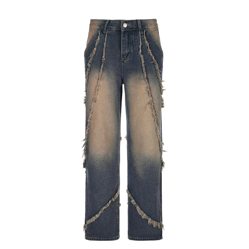 Fairycore y2k Stitched Burr Women Jeans Streetwear Vintage Distressed Denim Pants Washed Grunge Baggy Trousers Design