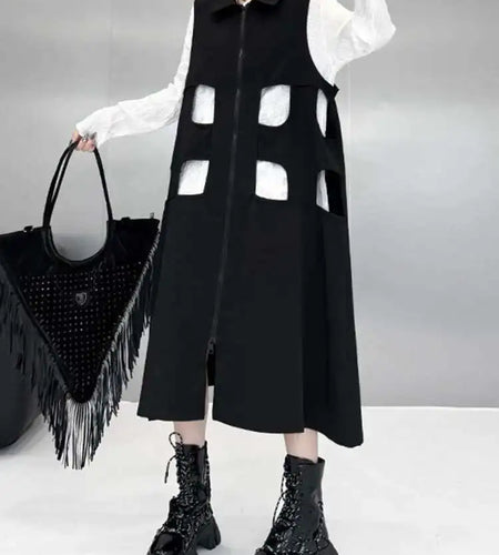 Women Black Hollow Out Zipper Big Size Midi Vest Dress New Lapel Sleeveless Fashion Tide Spring Autumn 2025 1DH6870