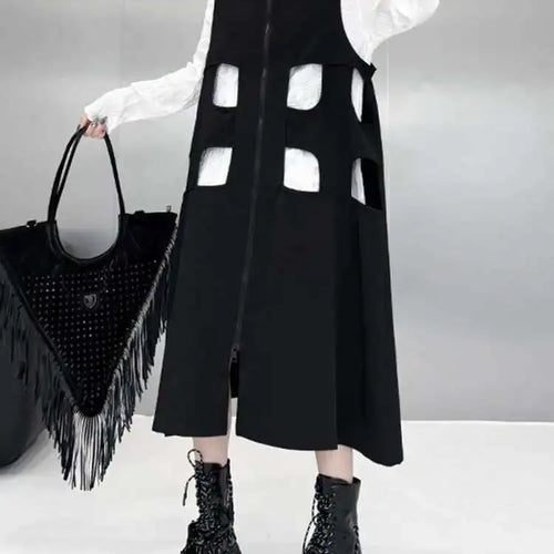 Load image into Gallery viewer, Women Black Hollow Out Zipper Big Size Midi Vest Dress New Lapel Sleeveless Fashion Tide Spring Autumn 2025 1DH6870
