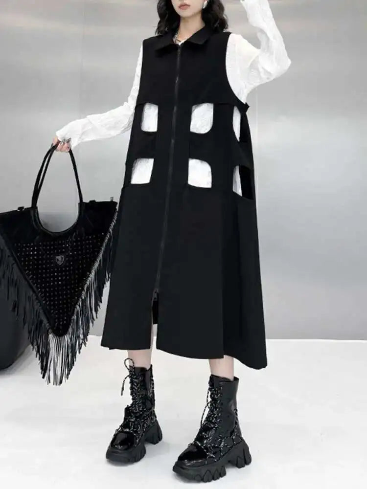 Women Black Hollow Out Zipper Big Size Midi Vest Dress New Lapel Sleeveless Fashion Tide Spring Autumn 2025 1DH6870