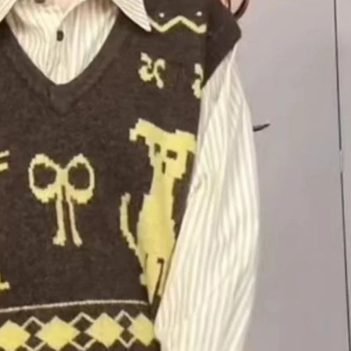 Load image into Gallery viewer, Preppy Style Sleeveless Sweater Vest Casual Vintage V-neck Pullovers Y2k Aesthetic Women Streetwear Cartoon Knitwear Waistcoat
